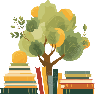 柔和色调的树、书籍和植物卡通图案素材