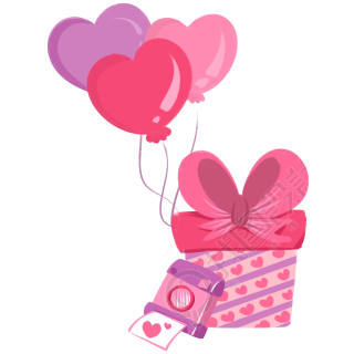 粉色情人节爱心气球礼物拍立得插画素材