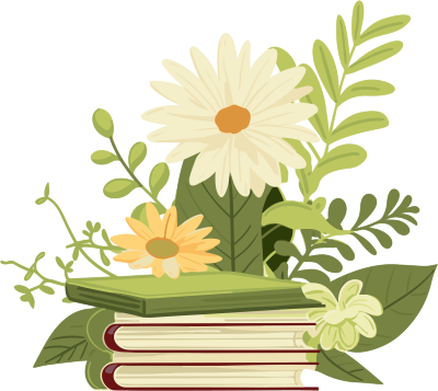 简洁矢量艺术：绿叶和花朵旁的书籍元素