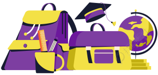 黄色紫色开学季书包地球仪插画素材