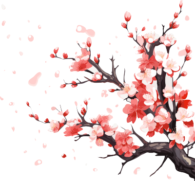 冬日凋零的树枝上开出桃花的矢量粉彩扁平插画