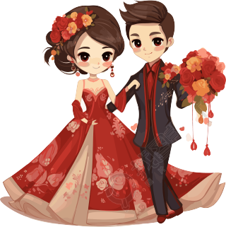 中式新郎新娘结婚插画设计