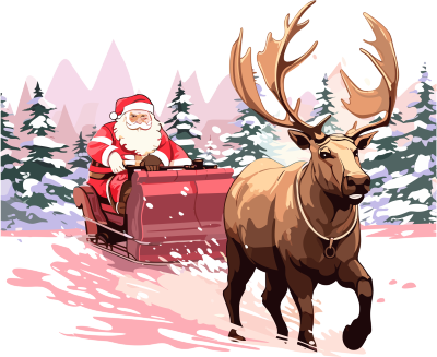 圣诞老人坐在小鹿拉着的雪橇上粉色矢量插画设计