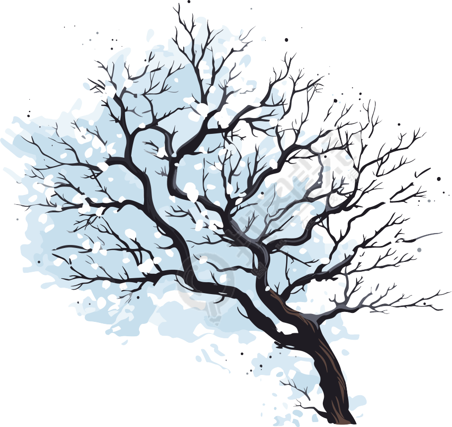 冬天凋零的树枝上覆盖着雪花的矢量粉彩扁平插画素材