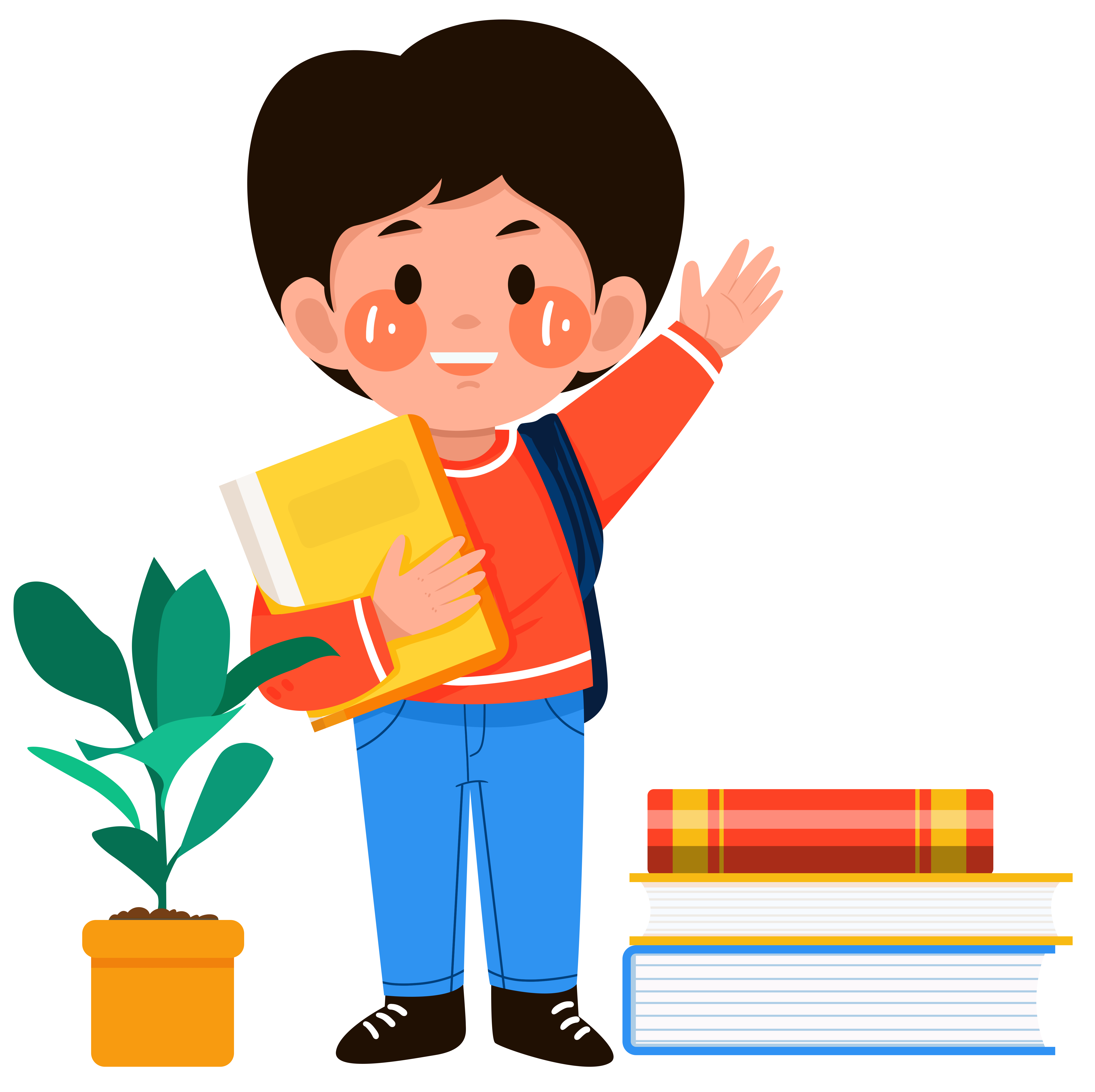 怀抱书籍开心打招呼的男生开学季素材