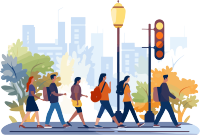 路人走在街上经过交通信号灯的插图