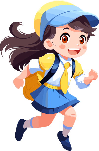 可爱天蓝黄色校服动画女孩带着背包奔跑素材
