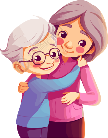 可爱动画风格的老年妇女拥抱年轻人插图素材