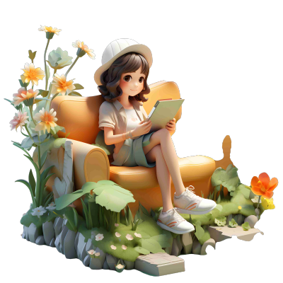 小女孩坐在沙发上看书透明背景元素