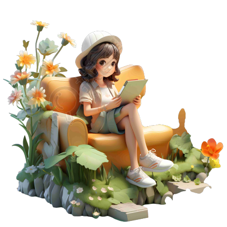小女孩坐在沙发上看书透明背景元素