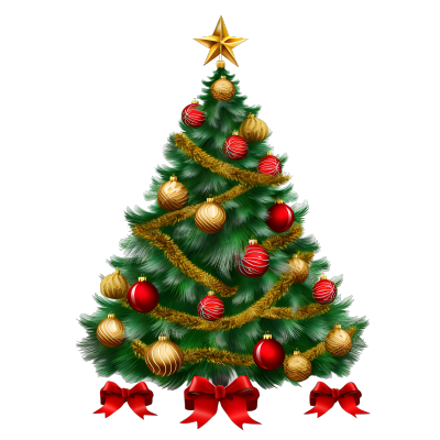 写实风格红金装饰的大型绿色圣诞树素材
