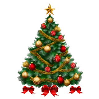 写实风格红金装饰的大型绿色圣诞树素材