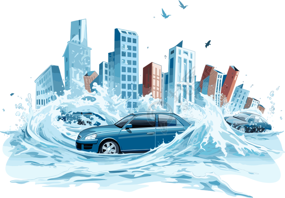 城市被洪水淹没，车辆被摧毁的建筑插画素材