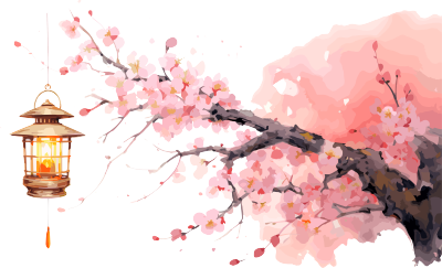 粉红色和淡琥珀色的水彩背景描绘着花朵和由昆虫制成的灯笼