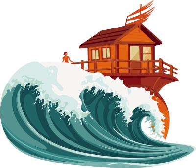 插画设计：水冲击下的被淹没的房子素材