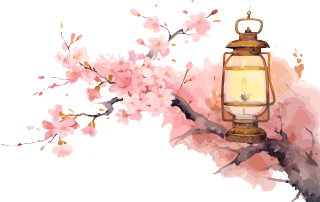 水彩背景描绘花朵和灯笼，以浅粉与淡琥珀为风格的以昆虫为材质的Fujifilm GW690III白色背景动漫