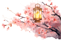 日本风水彩背景插画 - 樱花与灯笼