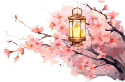 日本风水彩背景插画 - 樱花与灯笼
