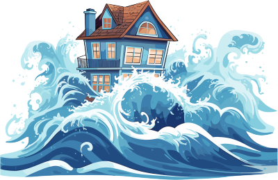 水波冲击房子的动画插画素材