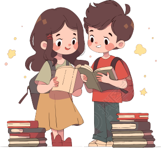 卡通男孩和女孩分享图书