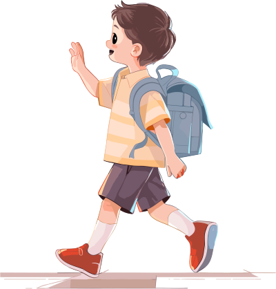 年幼男孩背着书包走向学校可爱插画素材