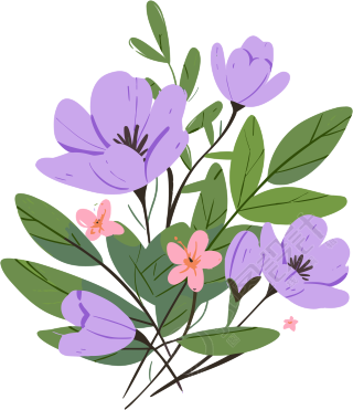 紫色花朵绿叶扁平插画白底元素