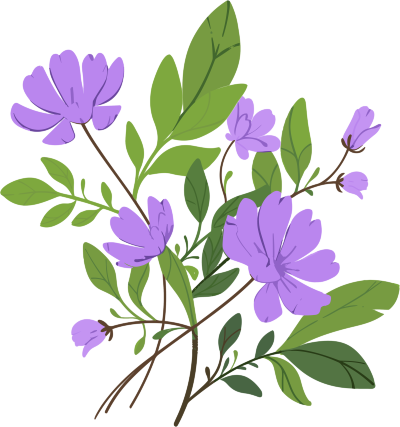 紫色花朵和绿叶扁平插画白底元素