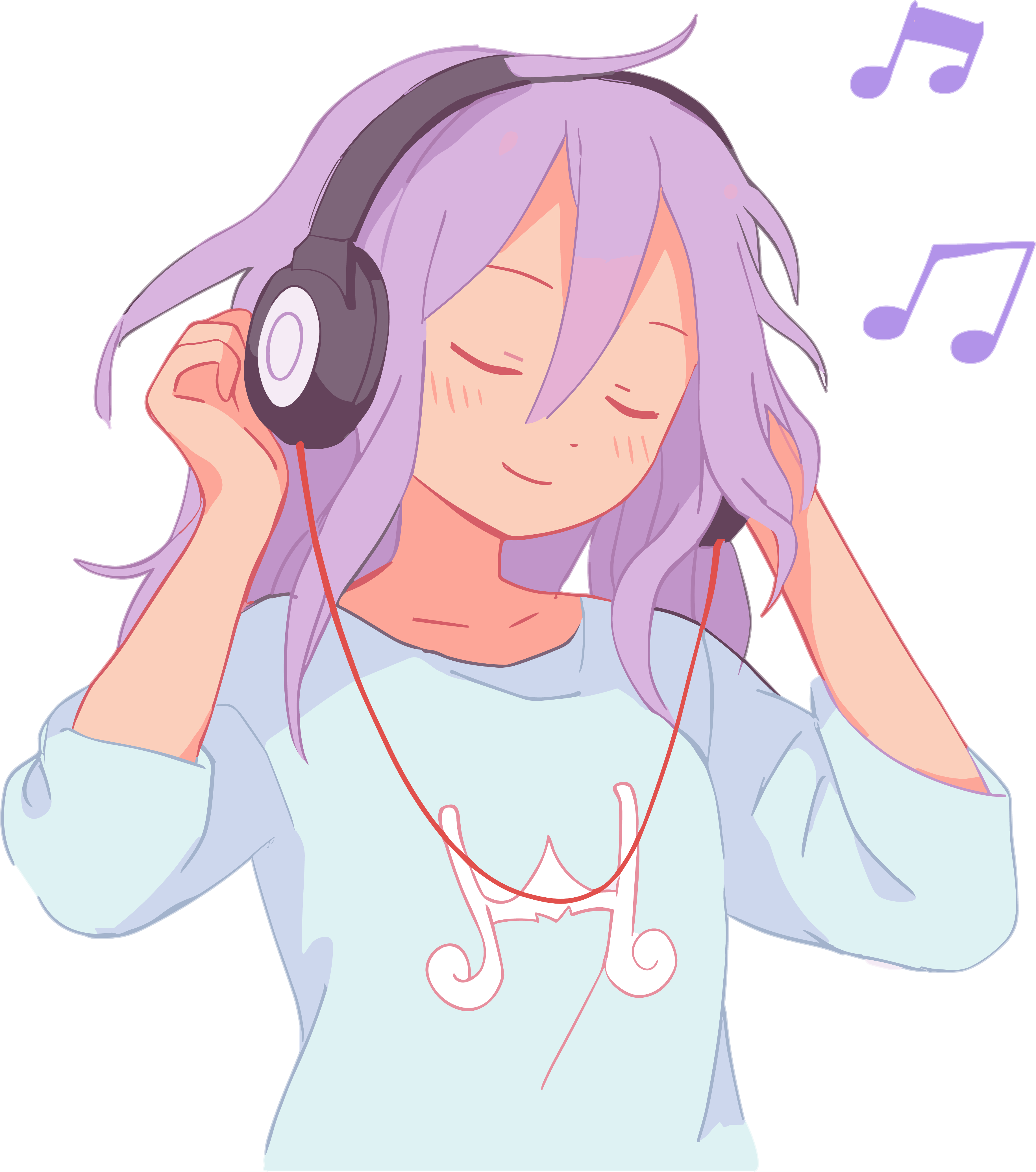动漫风格紫发女孩听音乐PNG素材