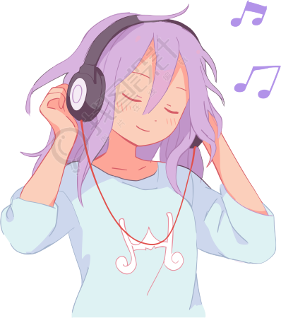 紫发女孩听音乐动态插画素材