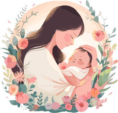 插画设计元素，白色背景带母亲抱婴儿花叶图案