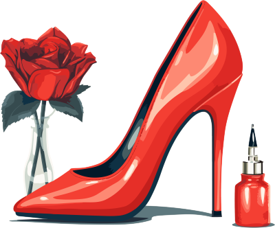浪漫插画设计素材-红色高跟鞋、口红和玫瑰在白色背景上