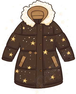 手绘动画风格的雪花图案暖棕色外套