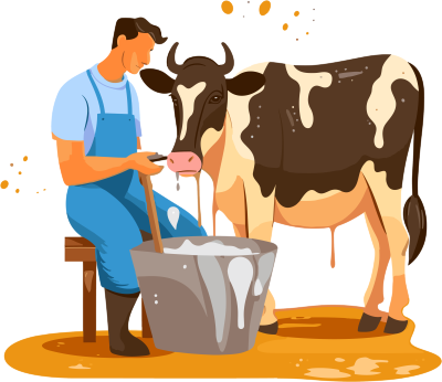 农民在木椅上给奶牛洗澡的向量插画元素