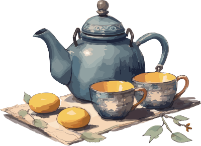 蓝色茶壶套装和茶杯插画设计元素