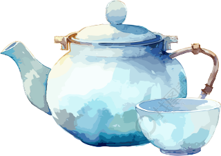 天蓝透明水彩插画-瓷壶杯子
