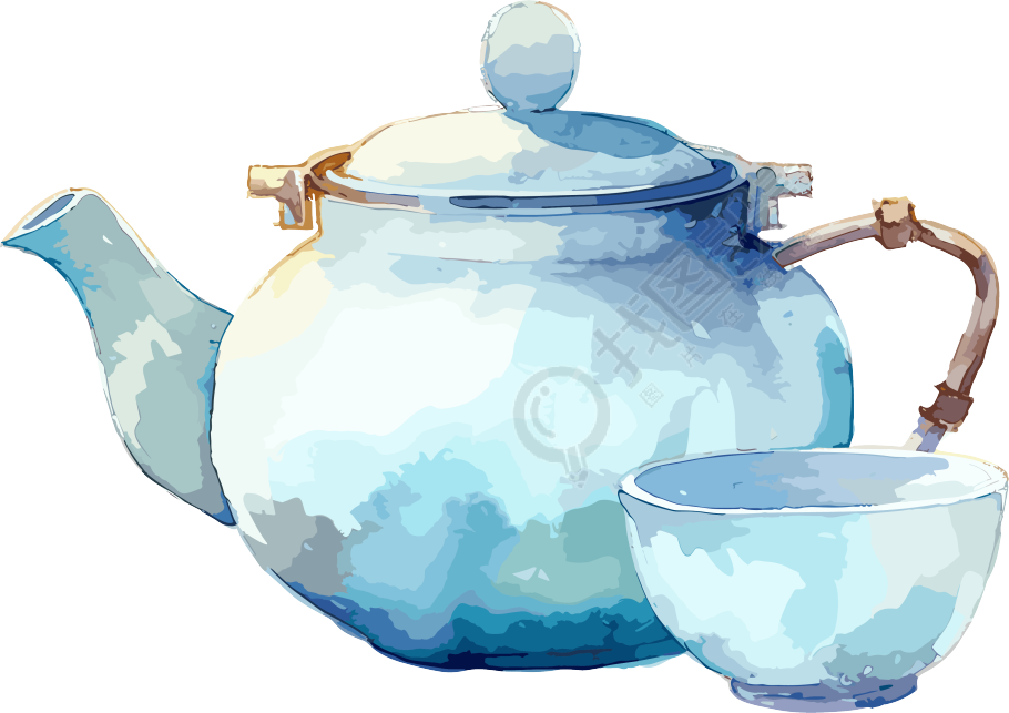 天蓝透明水彩插画-瓷壶杯子