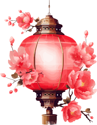 粉色花朵水洗照相制作的中国灯笼插图