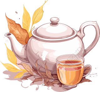 历史插画风格的茶具和带叶状背景的茶杯元素