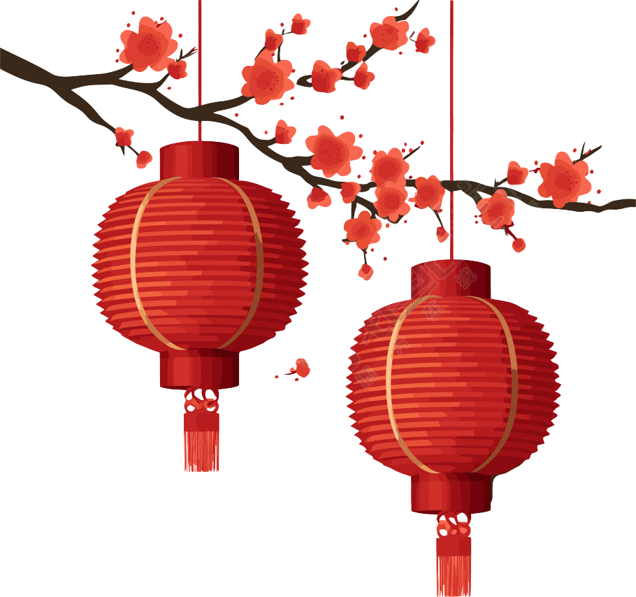亚洲树上挂着两个红灯笼的图形插画