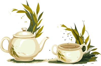 绿茶流动的两个茶壶和杯子元素
