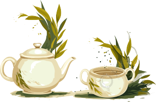 绿茶流动的两个茶壶和杯子元素