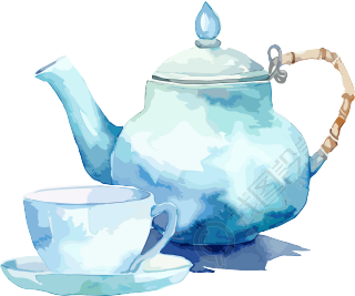 天蓝色透明水彩插画-破损茶壶杯子