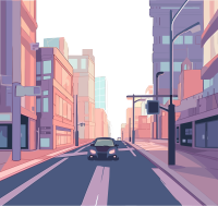 手绘风格城市街道透明背景插画素材