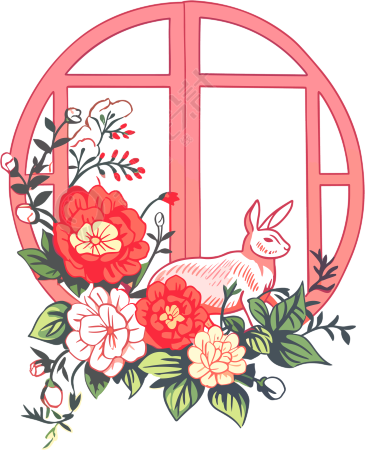 红色花朵白色小兔子窗花手绘插画设计元素