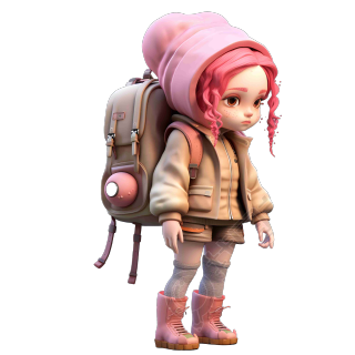 卡通娃娃，粉色头发和背包