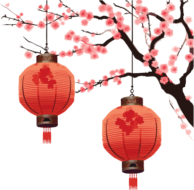 亚洲树上挂着两个红灯笼的图形插画元素
