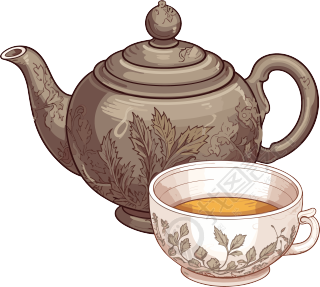 古风插画高清PNG素材-茶壶茶杯叶子背景