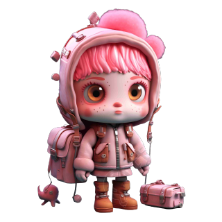 32K UHD 3D卡通娃娃，粉色头发和背包
