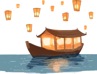 手绘木船与孔明灯插画设计