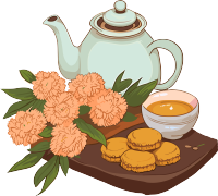 商代风格卡通插画：菊花茶和饼干元素
